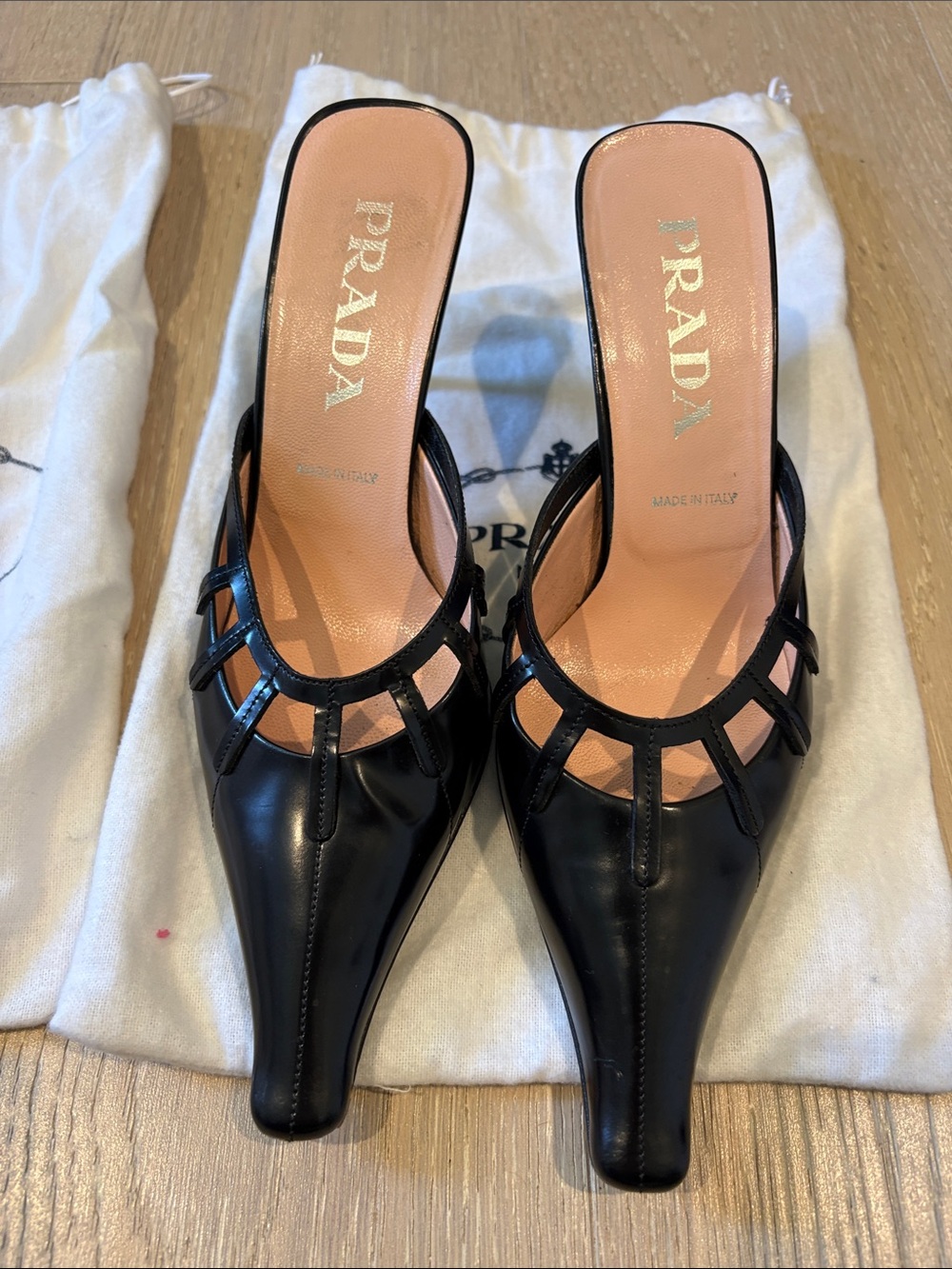 Prada Black Pointed Leather Cutout Mules